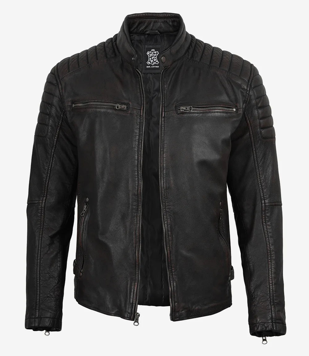 Men's Maroon Distressed Black Washed Biker Leather Jacket