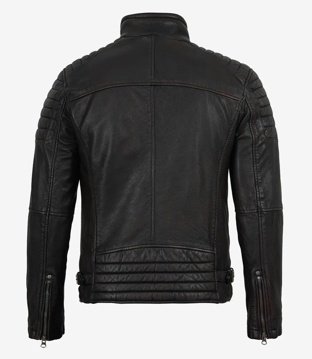 Men's Maroon Distressed Black Washed Biker Leather Jacket
