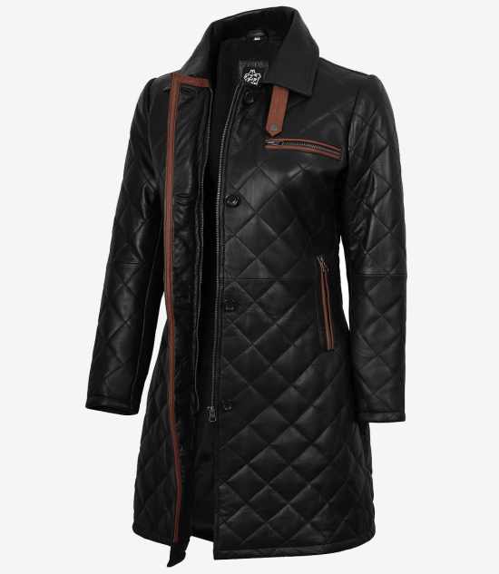 Women's Black Quilted Real Leather Car Coat
