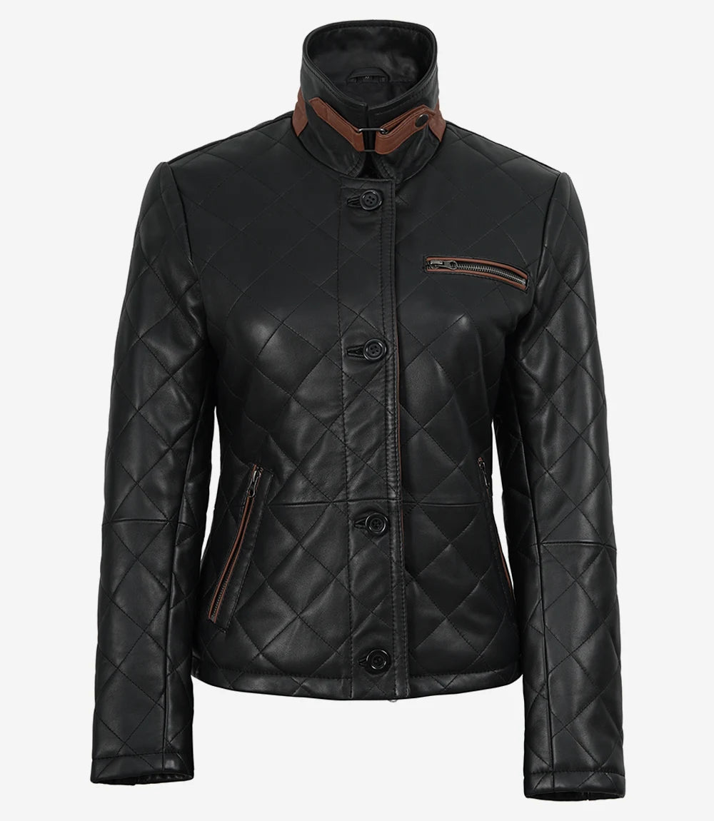 Women's Black Diamond Quilted Leather Jacket with Brown Trim
