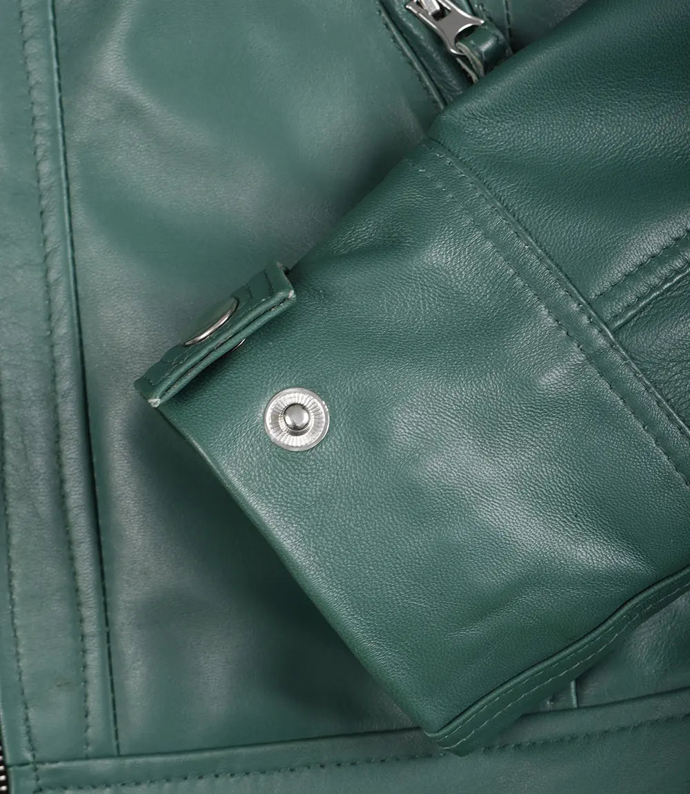 Women Green Diamond Cafe Racer Real Leather Jacket