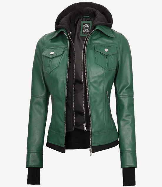 Tralee Women's Green Real Leather Jacket with Hood