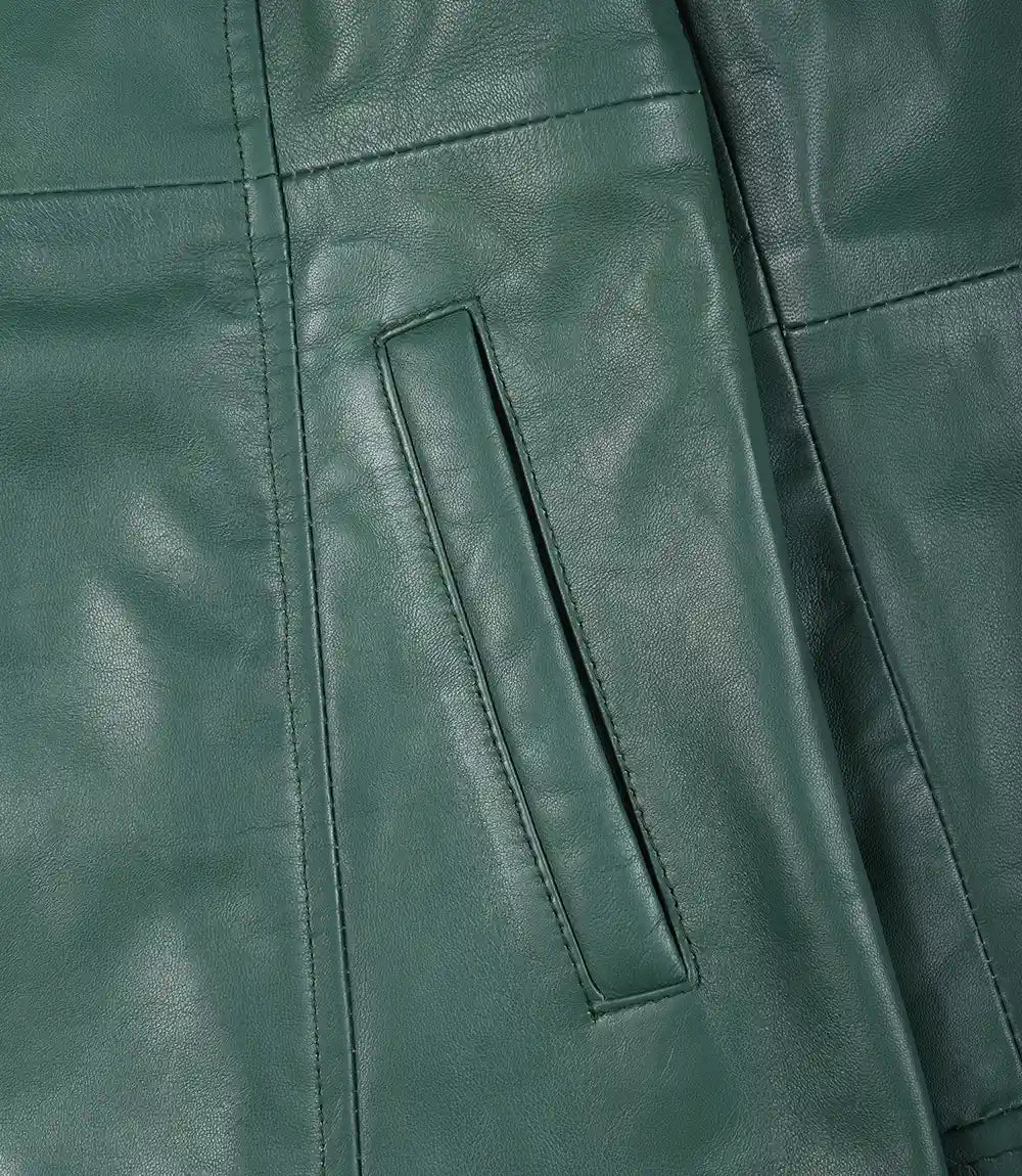 Women's Green Real Leather 3/4 Length Car Coat