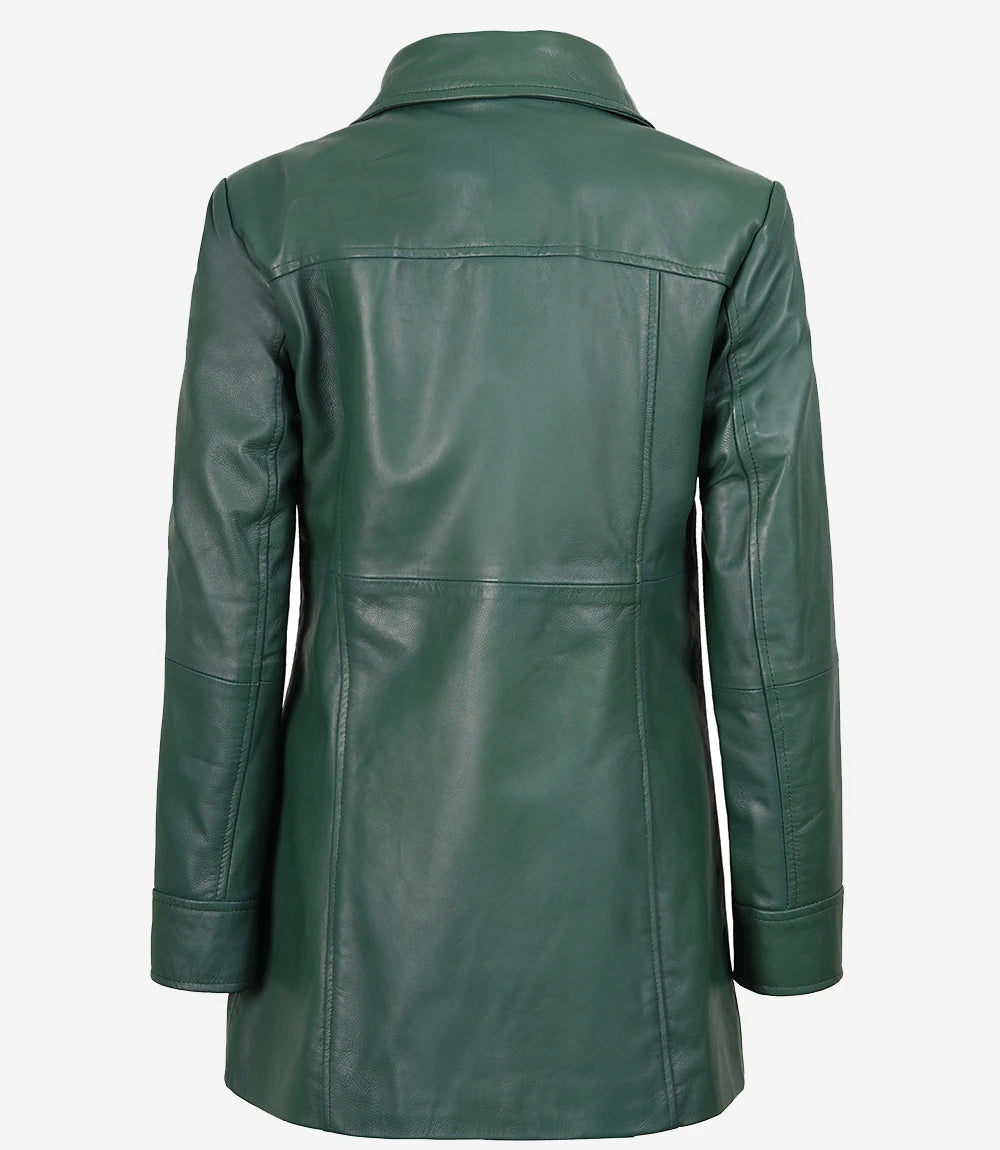Women's Green Real Leather 3/4 Length Car Coat