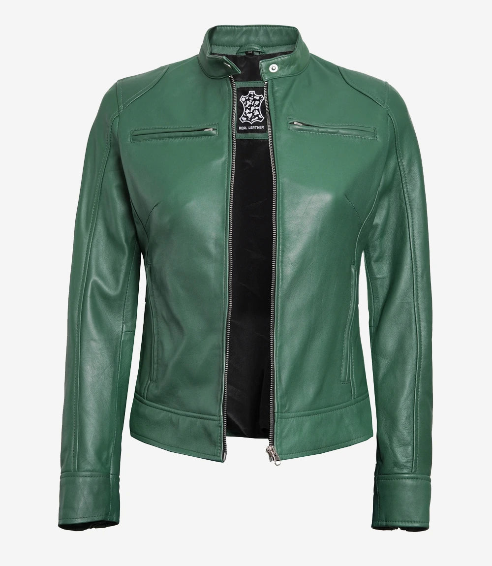 Women Green Cafe Racer Leather Jacket