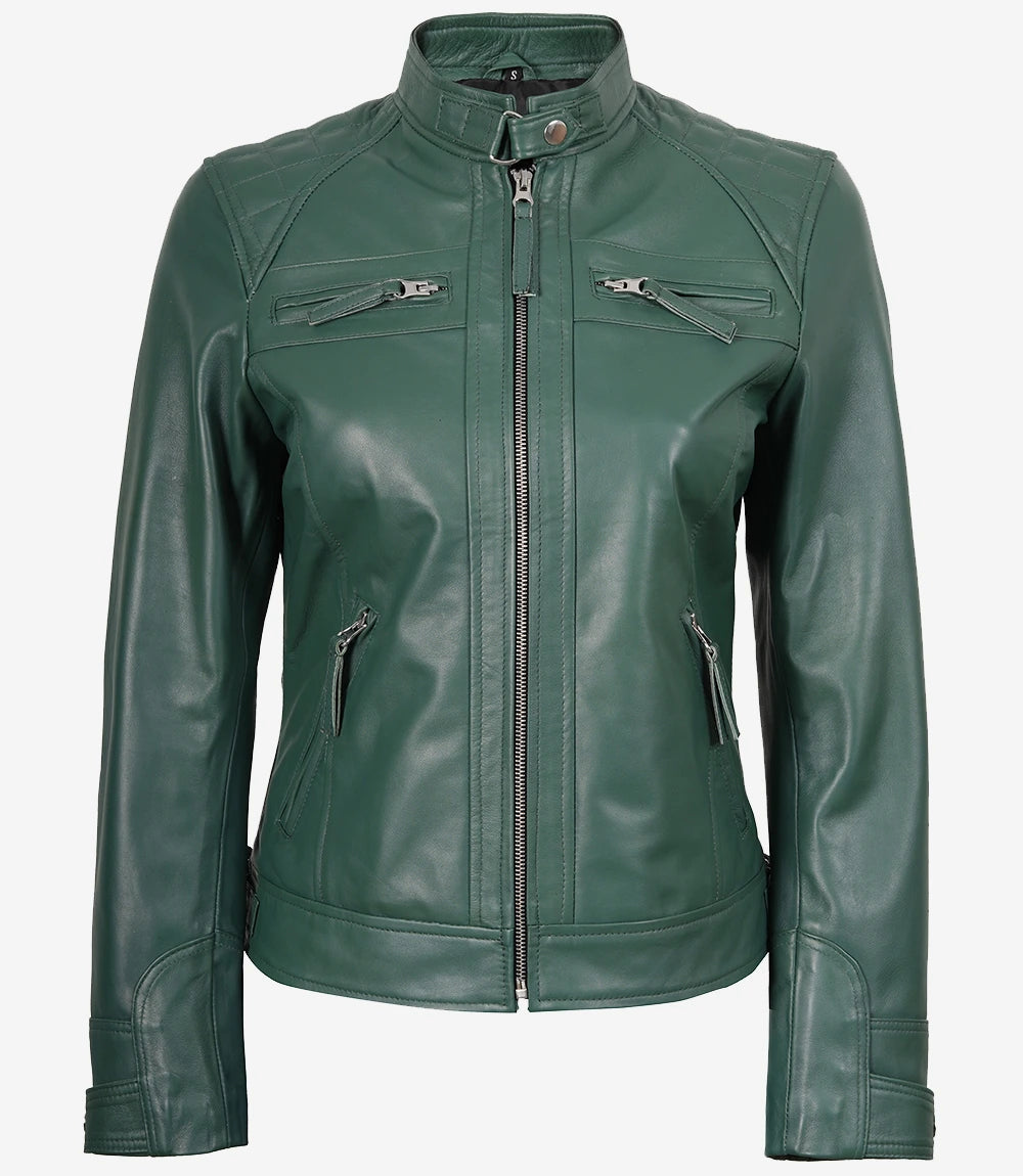 Women Green Diamond Cafe Racer Real Leather Jacket