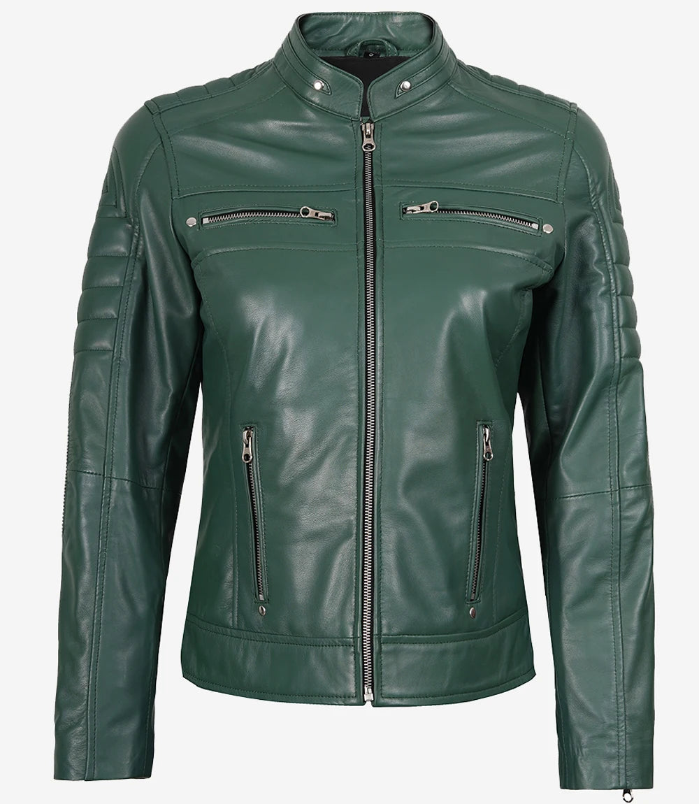 Women's Green Real Leather Cafe Racer Jacket