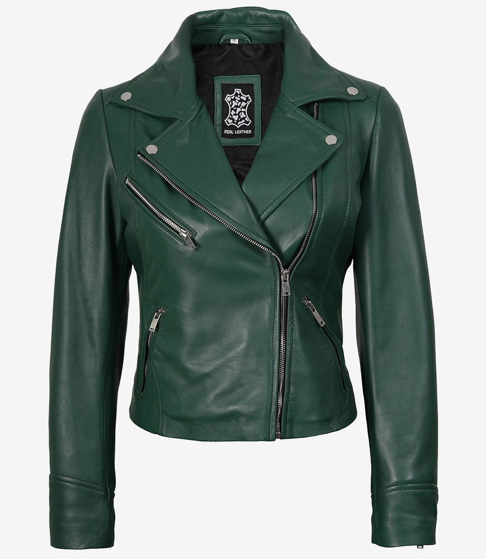 Women Biker Real Leather Green Jacket