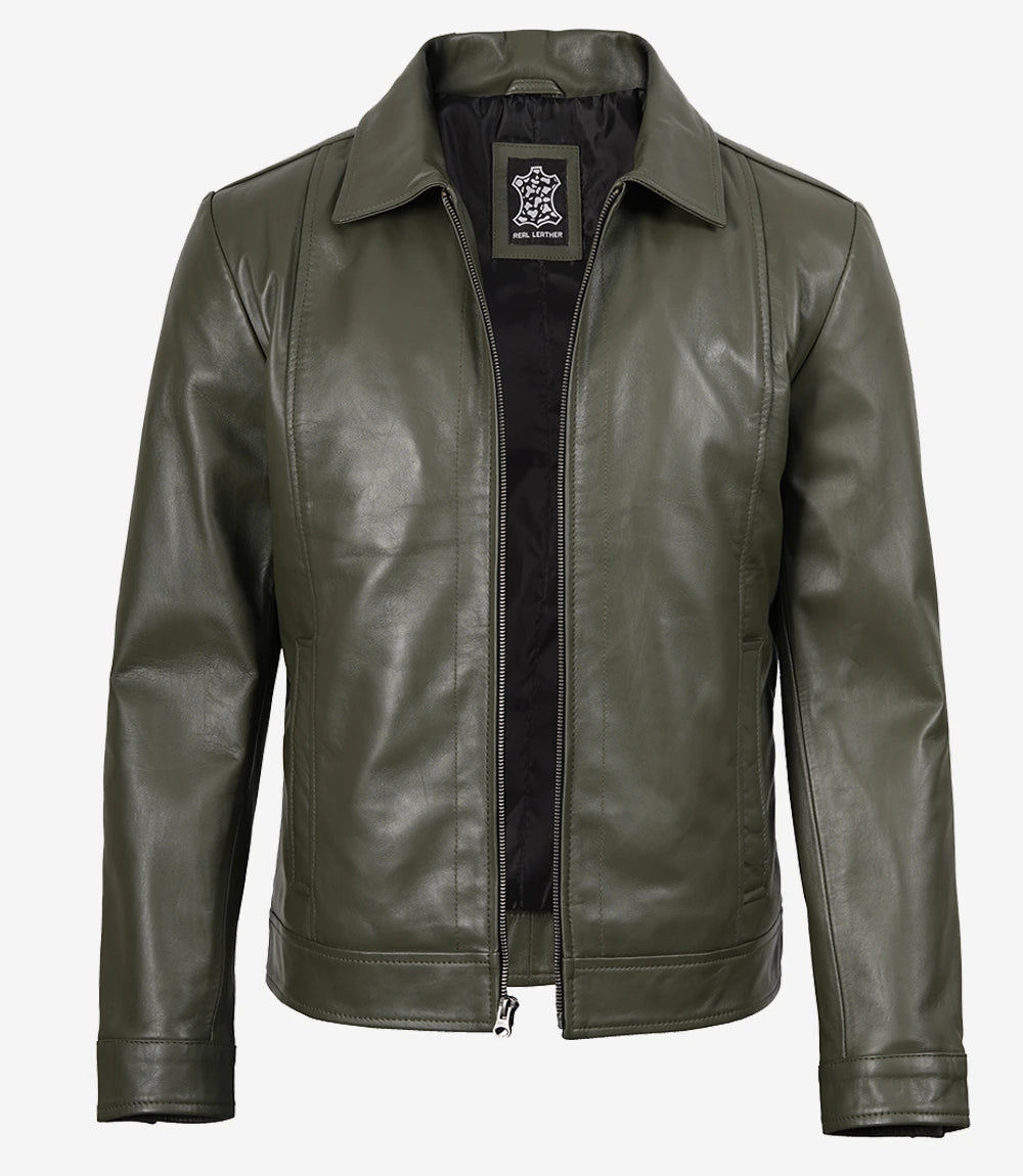 Men's Harrington Olive Green Leather Jacket