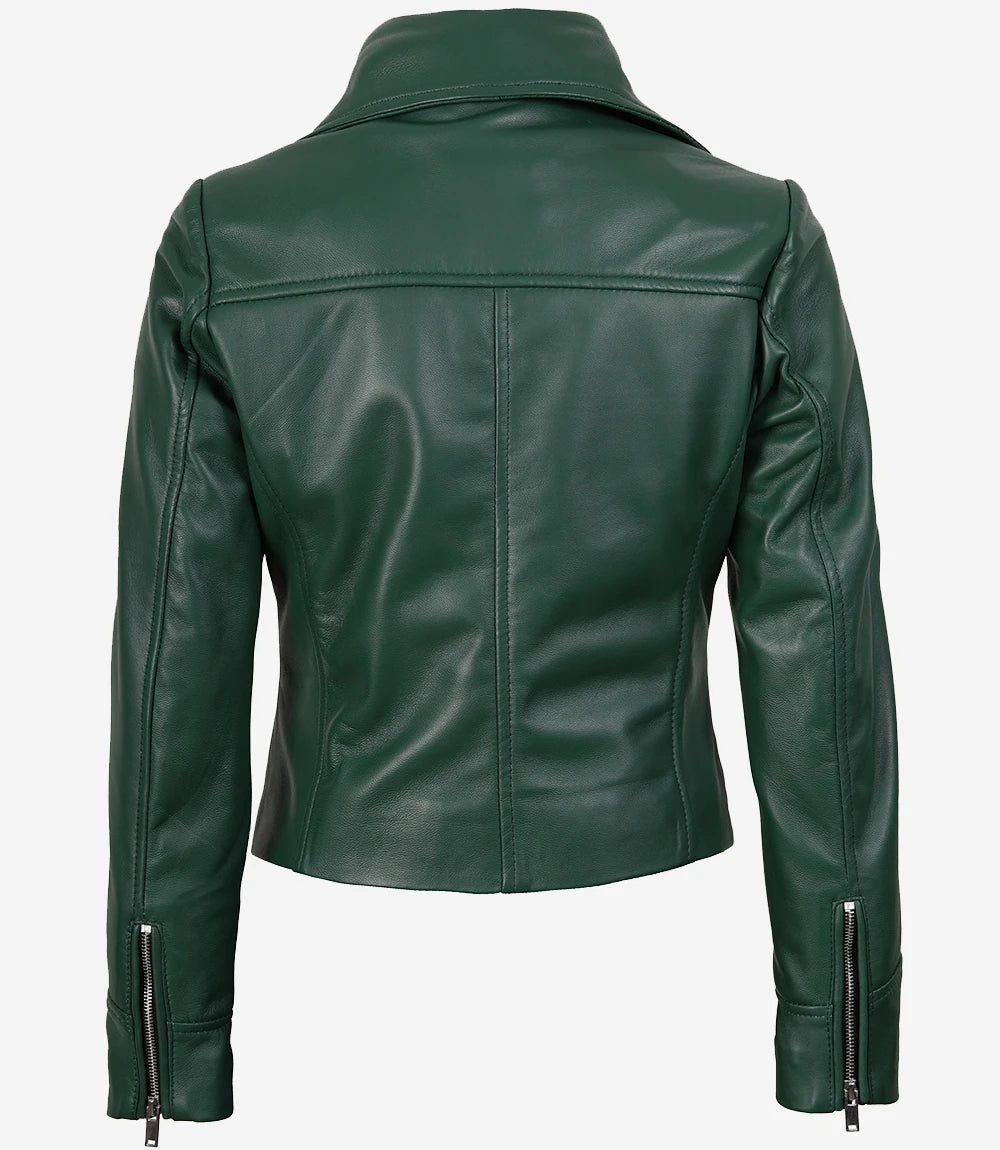 Women Biker Real Leather Green Jacket