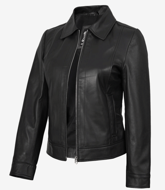 Women's Harrington Style Black Leather Jacket