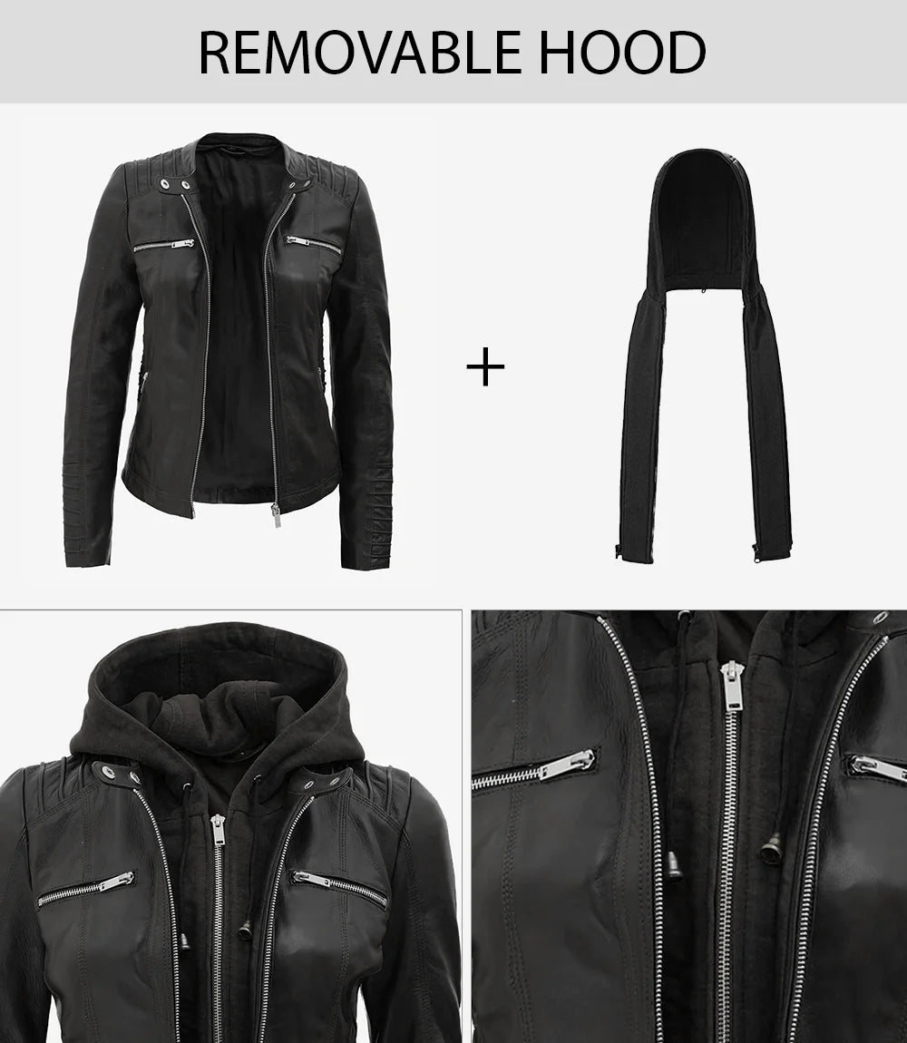 Women's Black Real Leather Jacket — Removable Hoodie