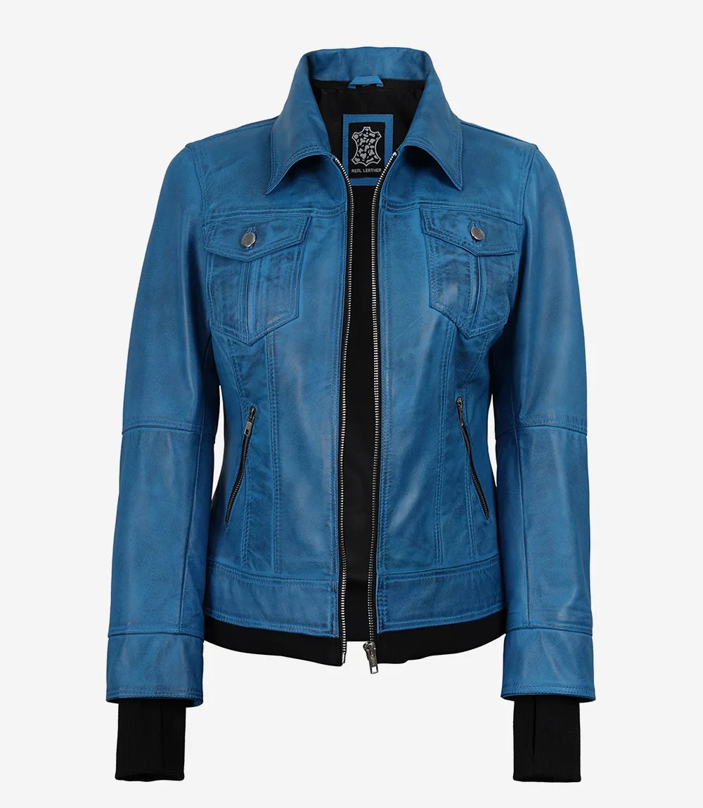 Women's Vivid Blue Lambskin Jacket - Detachable Hood with Thumbholes