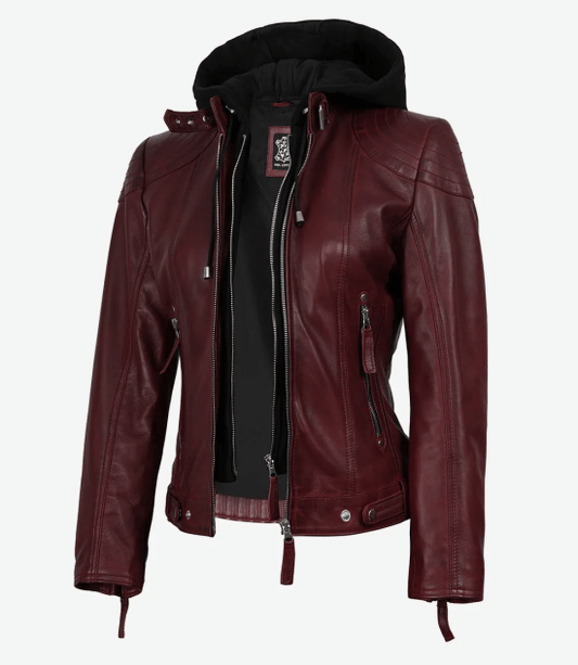 Women's Maroon Real Leather Jacket With Removable Hood