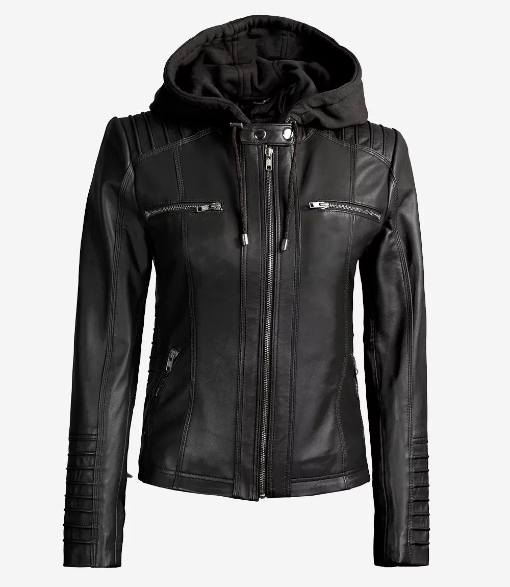 Women's Black Real Leather Jacket — Removable Hoodie