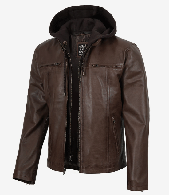 Men's Dark Brown Lambskin Leather Jacket with Removable Hood