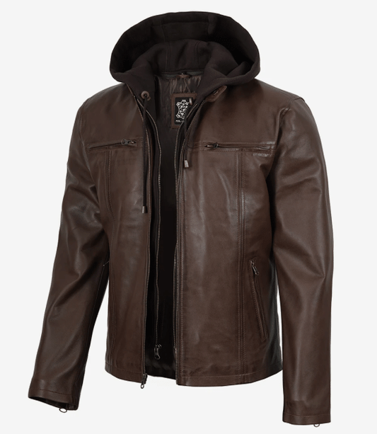Men's Dark Brown Lambskin Leather Jacket with Removable Hood