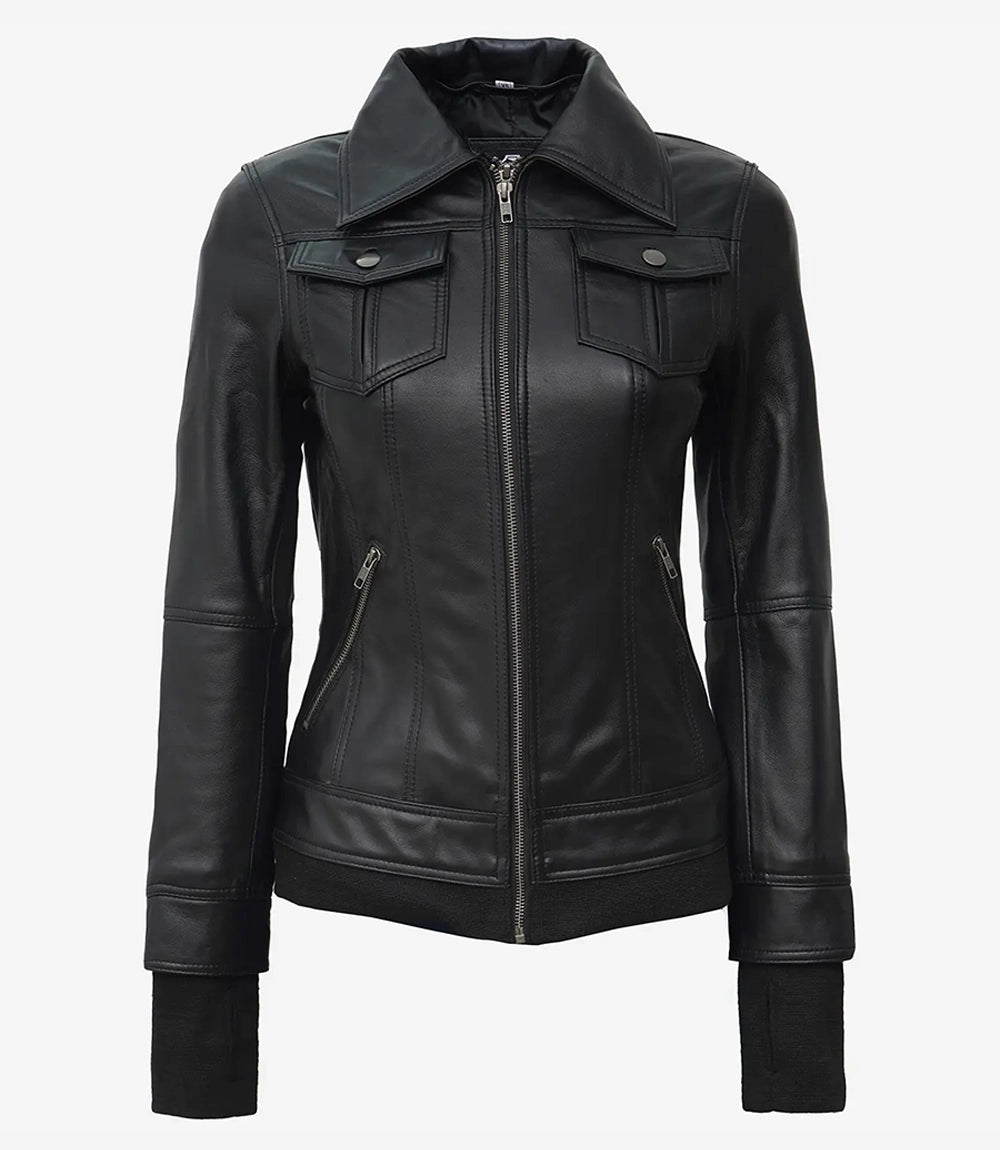 Women's Black Hooded Leather Jacket — Removable Hood, Thumbhole Sleeves
