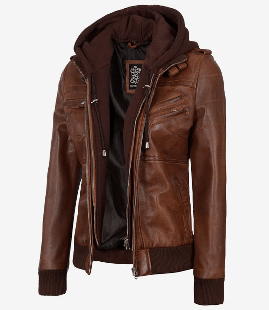 Women's Bomber Cognac Brown Leather Jacket with Removable Hood
