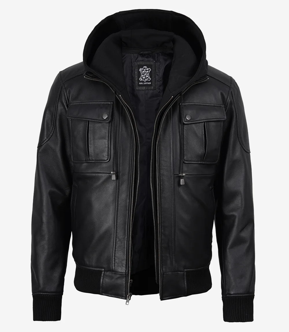 Men's Black Real Leather Bomber Jacket with Detachable Hood