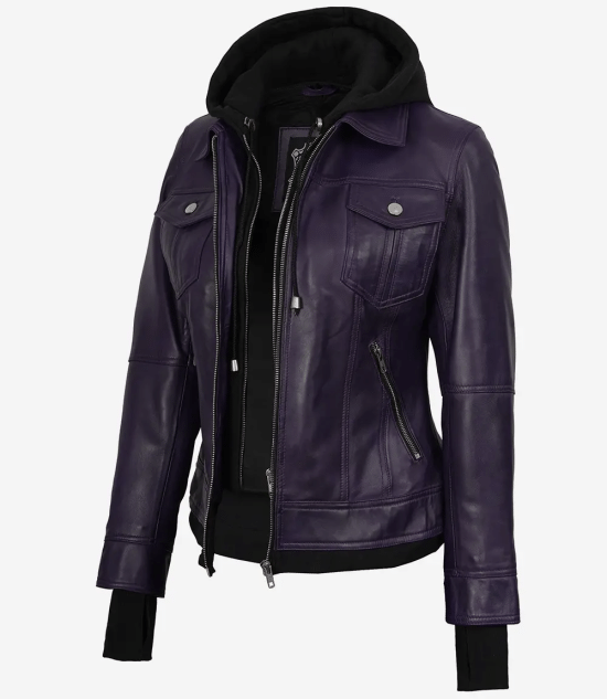 Women's Purple Hooded Leather Jacket — Removable Hood, Thumbhole Cuffs
