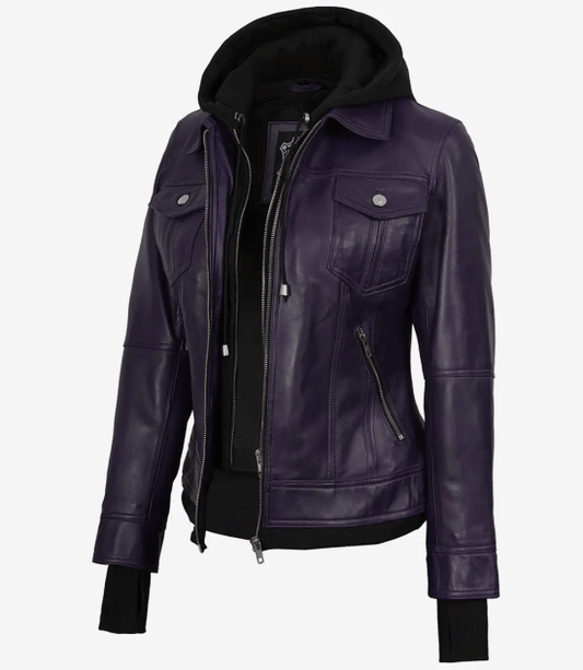 Women's Purple Hooded Leather Jacket — Removable Hood, Thumbhole Cuffs