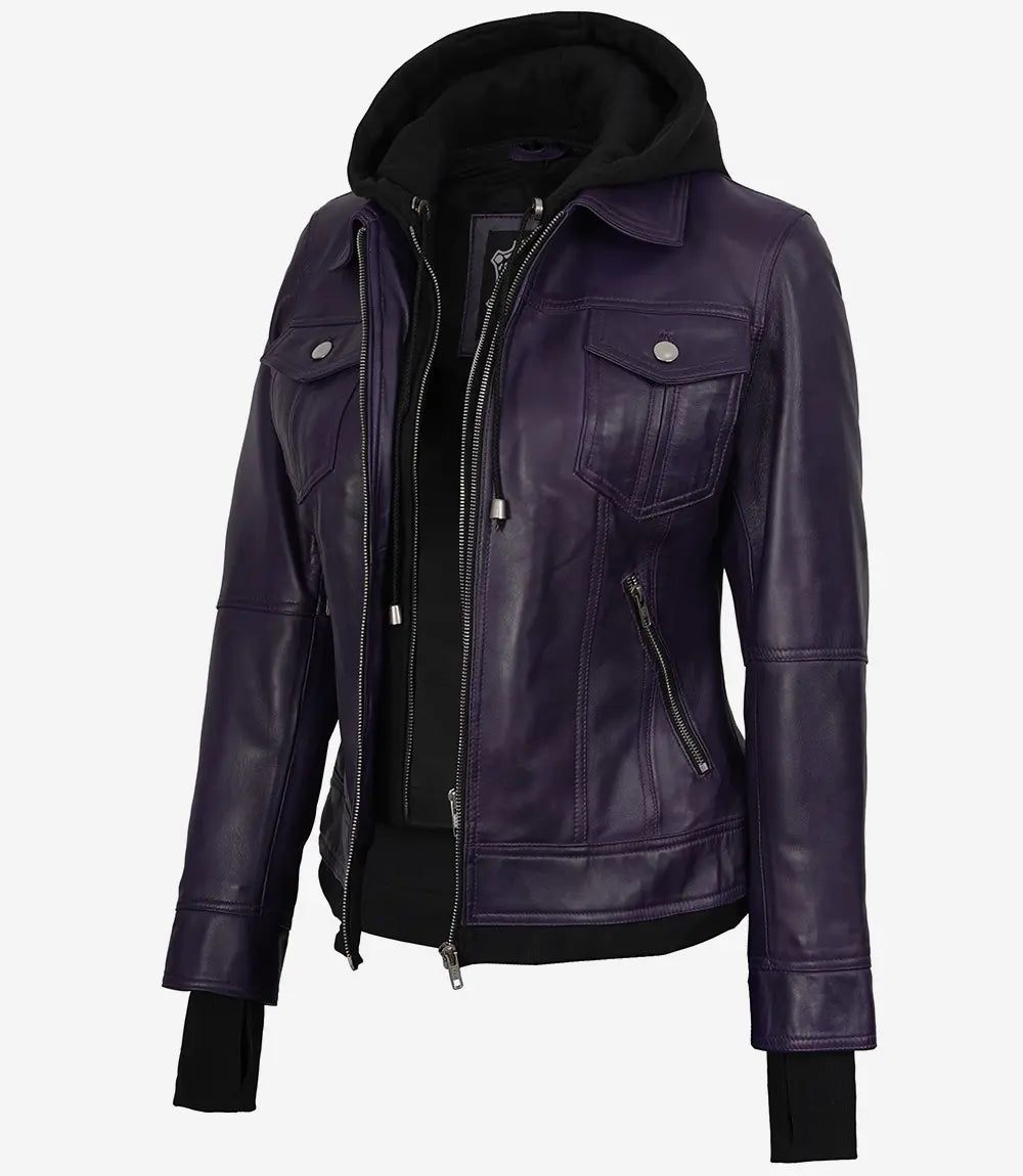 Women's Purple Hooded Leather Jacket — Removable Hood, Thumbhole Cuffs