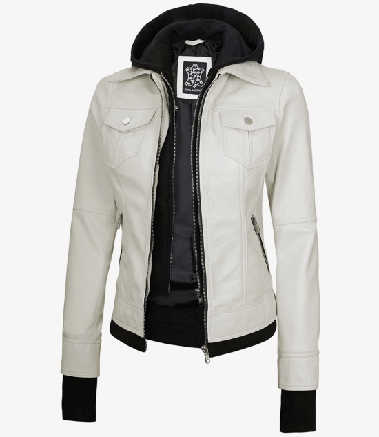 Women's Bomber Off White Leather Jacket with Removable Hood