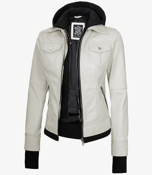Women's Bomber Off White Leather Jacket with Removable Hood