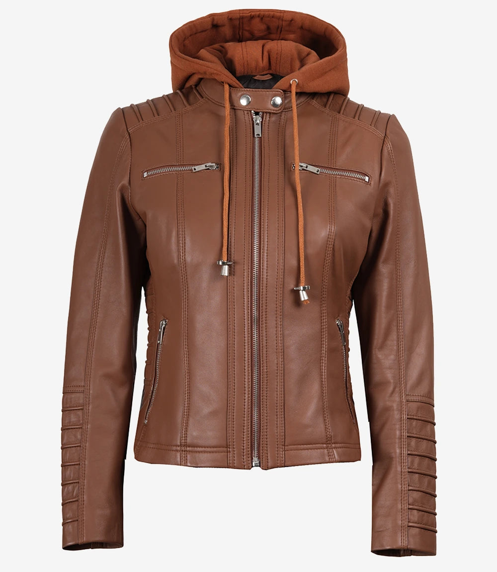 Women's Cognac Brown Leather Jacket With Removable Hood
