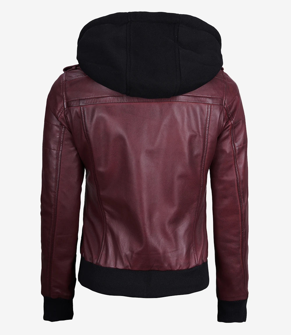 Women's Burgundy Bomber Leather Jacket with Removable Hood
