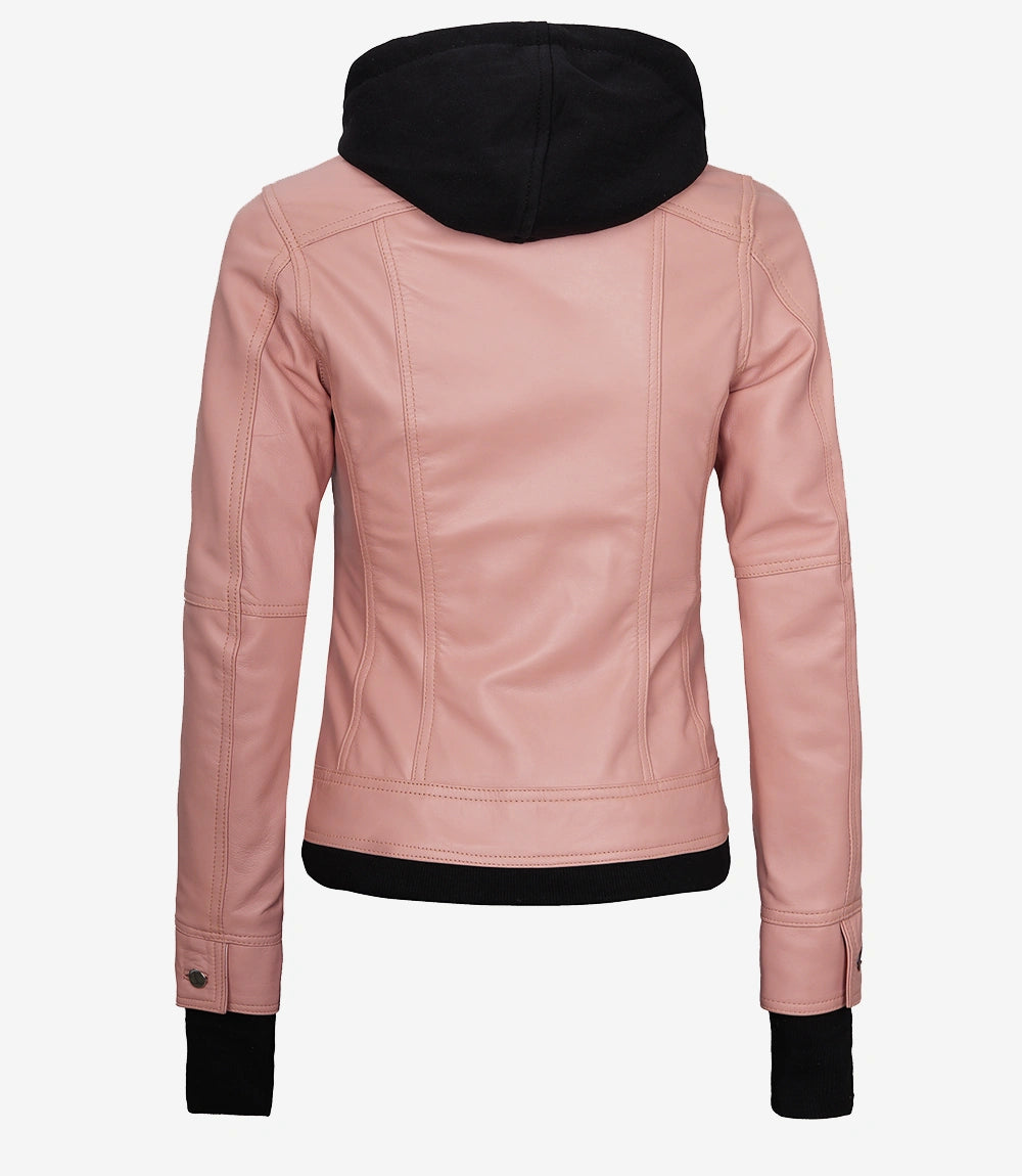 Women's Bomber Pink Real Leather Jacket with Hood