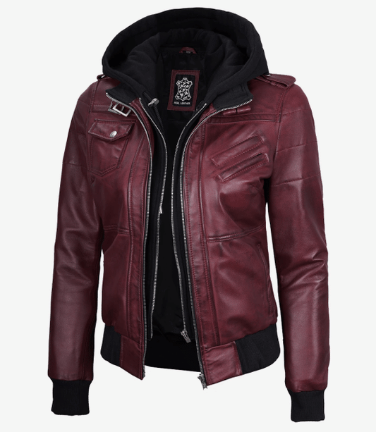Women's Burgundy Bomber Leather Jacket with Removable Hood
