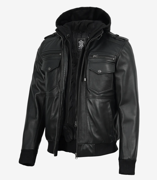 Men's Black Leather Bomber Jacket with Detachable Hood