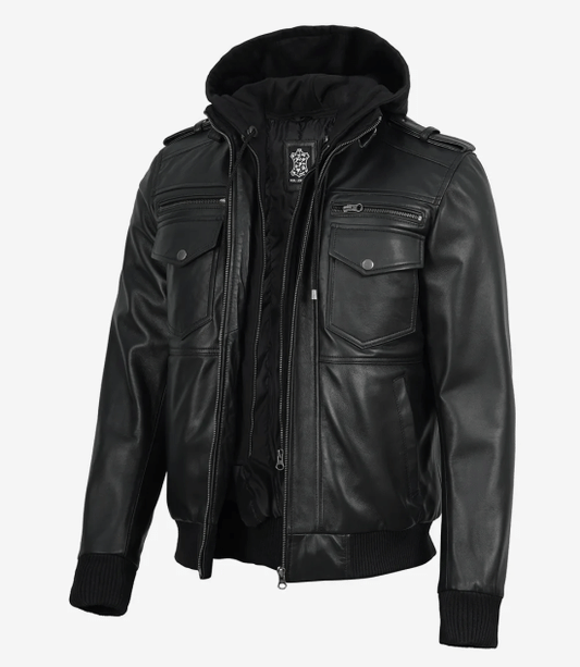Men's Black Leather Bomber Jacket with Detachable Hood