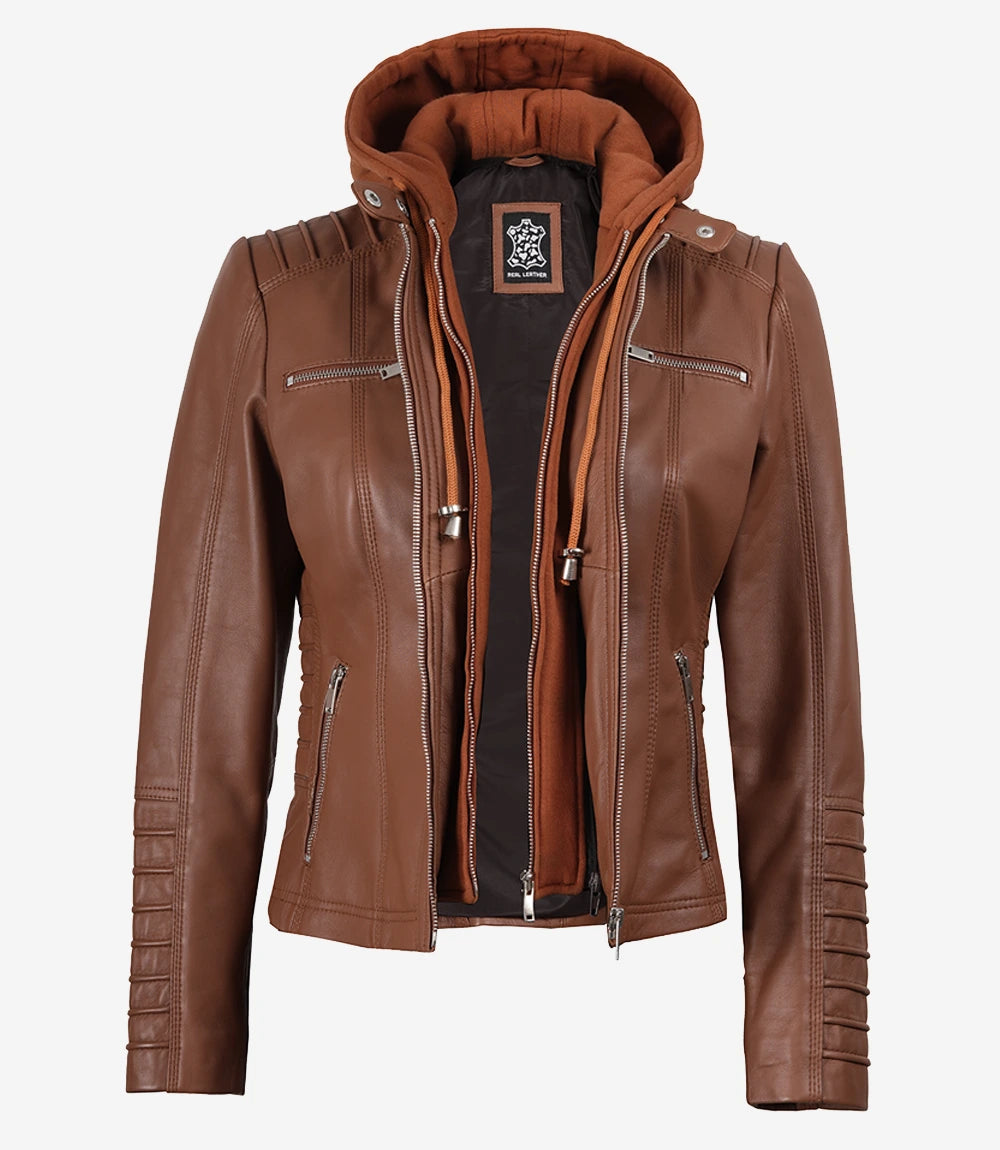Women's Cognac Brown Leather Jacket With Removable Hood