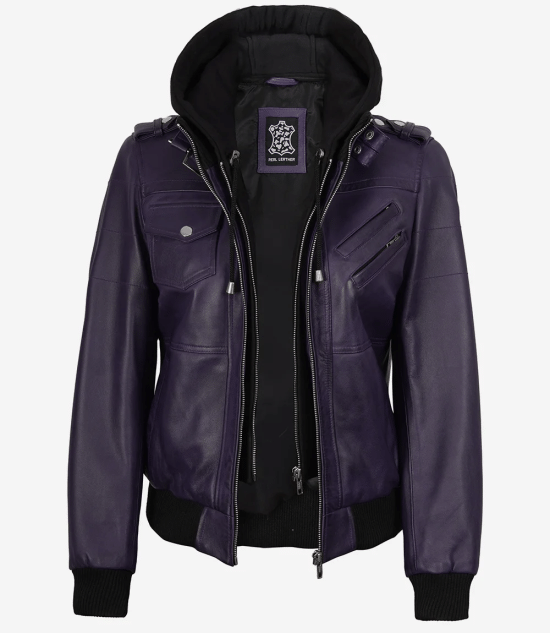 Women's Purple Leather Jacket — Removable Hood
