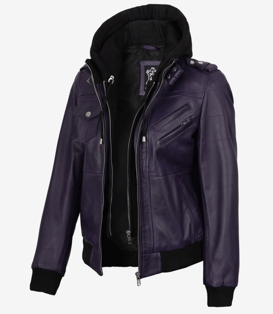 Women's Purple Leather Jacket — Removable Hood