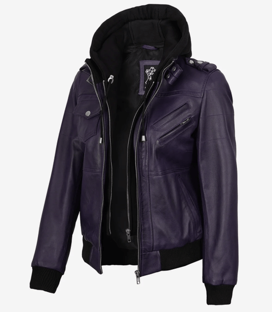 Women's Purple Leather Jacket — Removable Hood