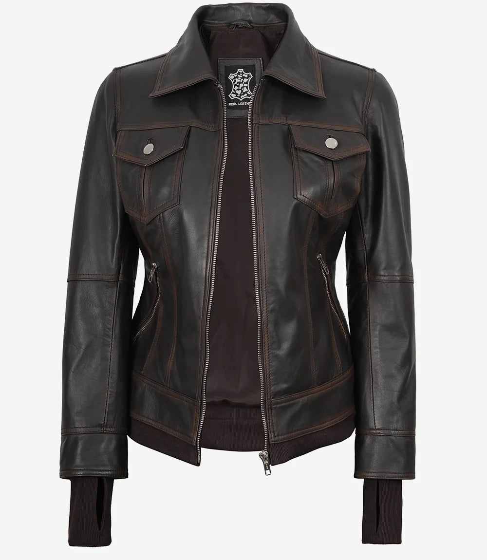 Tralee Dark Brown Womens Leather Jacket With Hood