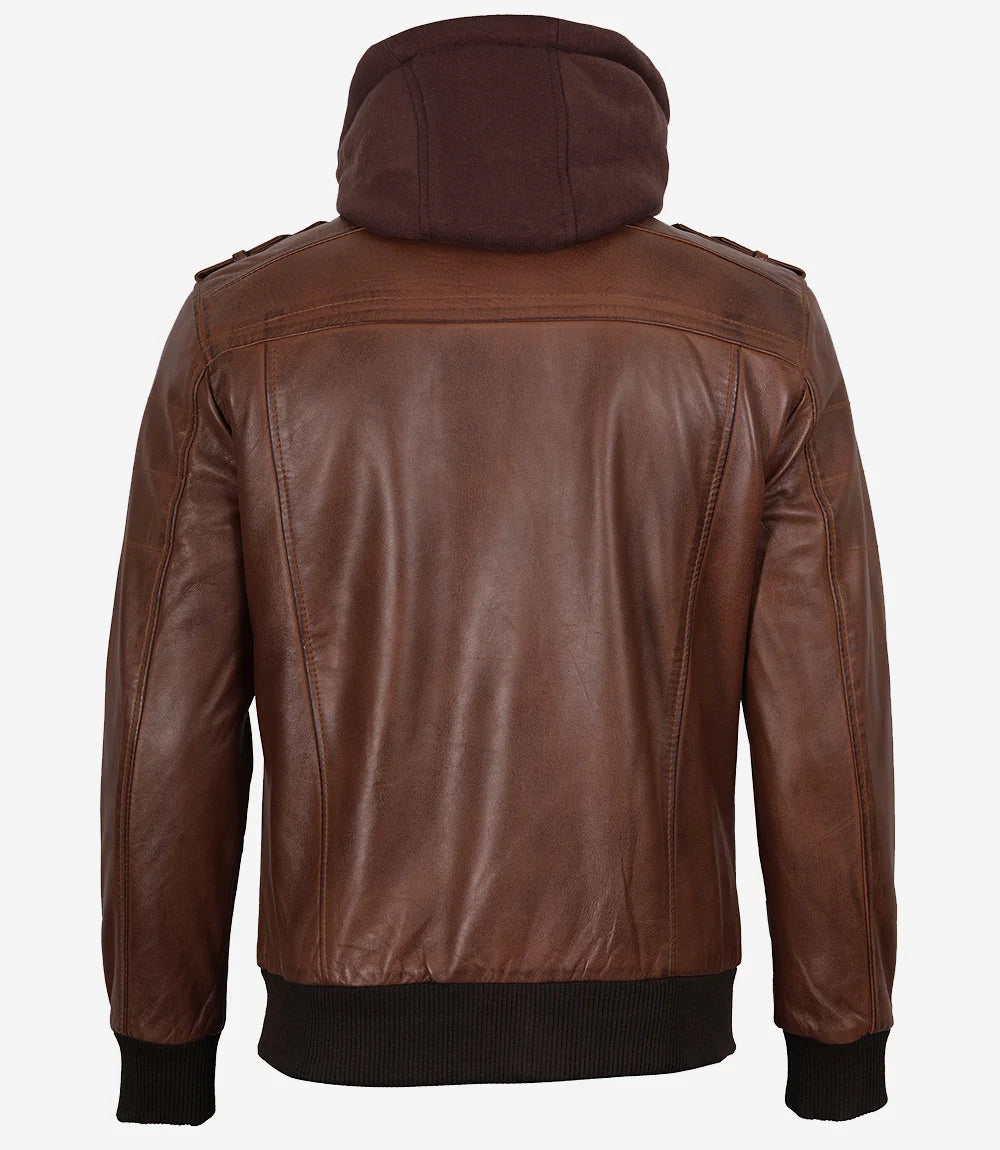 Men's Cognac Brown Bomber Leather Jacket — Removable Hood