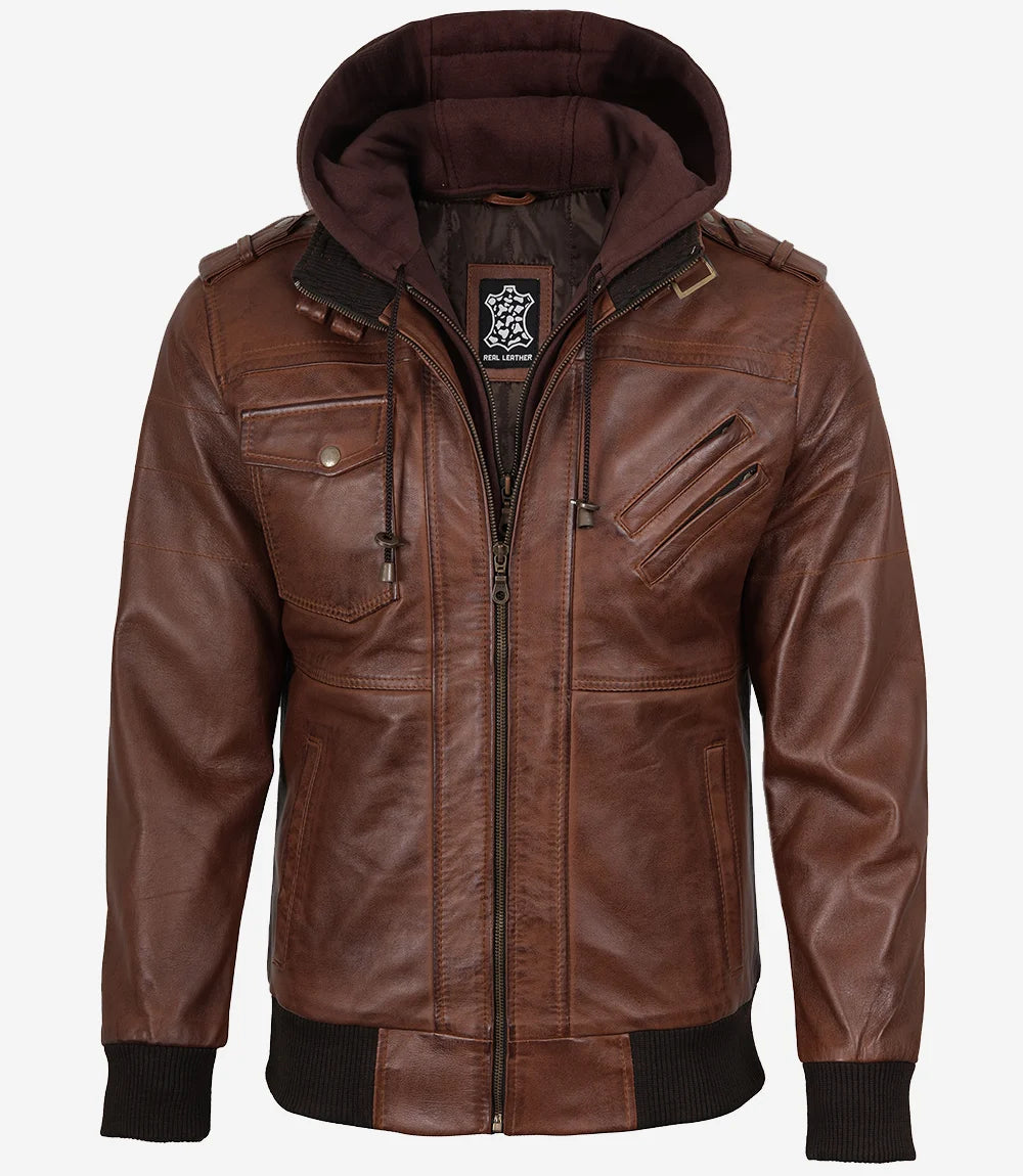 Men's Cognac Brown Bomber Leather Jacket — Removable Hood