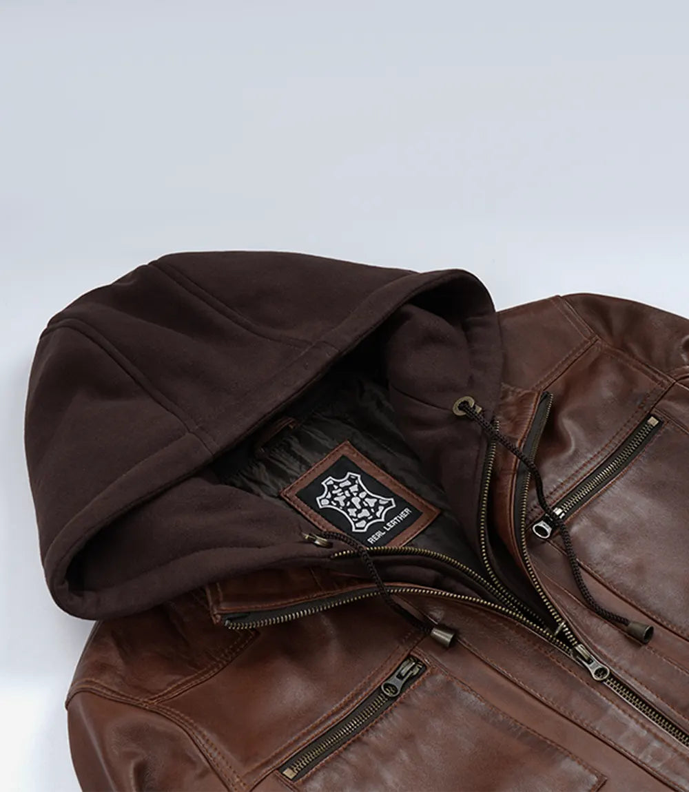 Men's Cognac Lambskin Waxed Leather Jacket — Detachable Hood