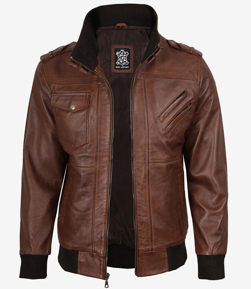 Men's Cognac Brown Bomber Leather Jacket — Removable Hood