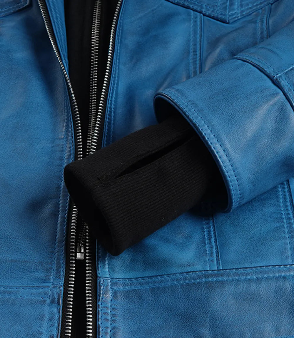 Women's Vivid Blue Lambskin Jacket - Detachable Hood with Thumbholes