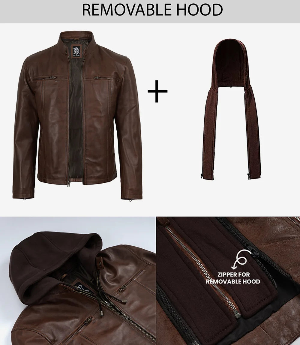 Men's Cognac Wax Lambskin Leather Jacket with Removable Hood