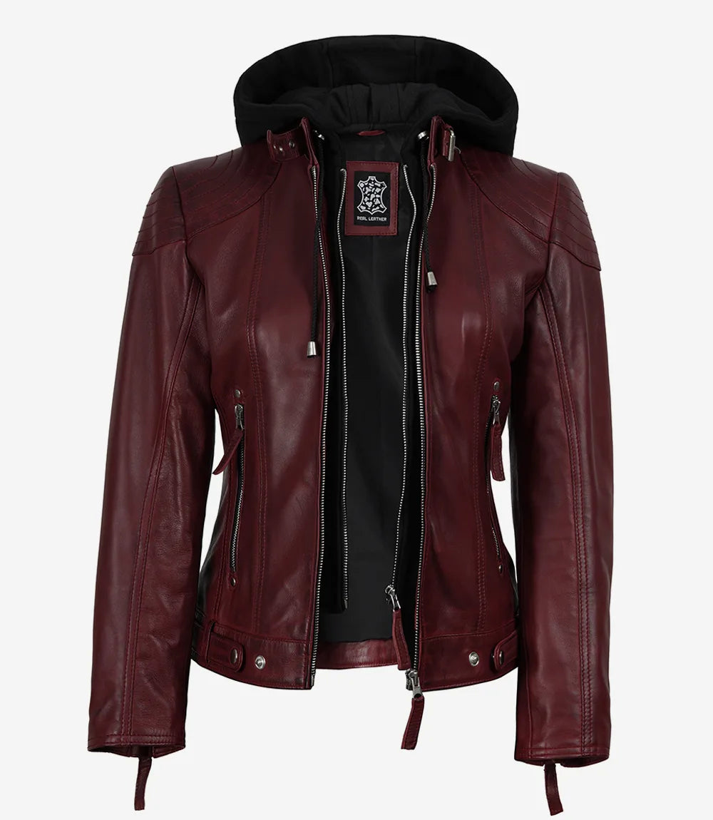 Women's Maroon Real Leather Jacket With Removable Hood