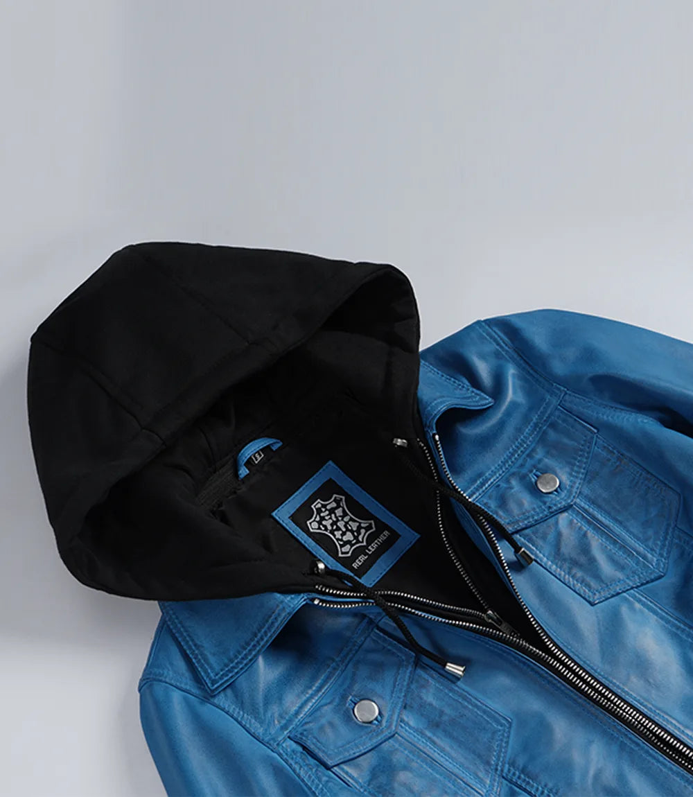 Women's Vivid Blue Lambskin Jacket - Detachable Hood with Thumbholes