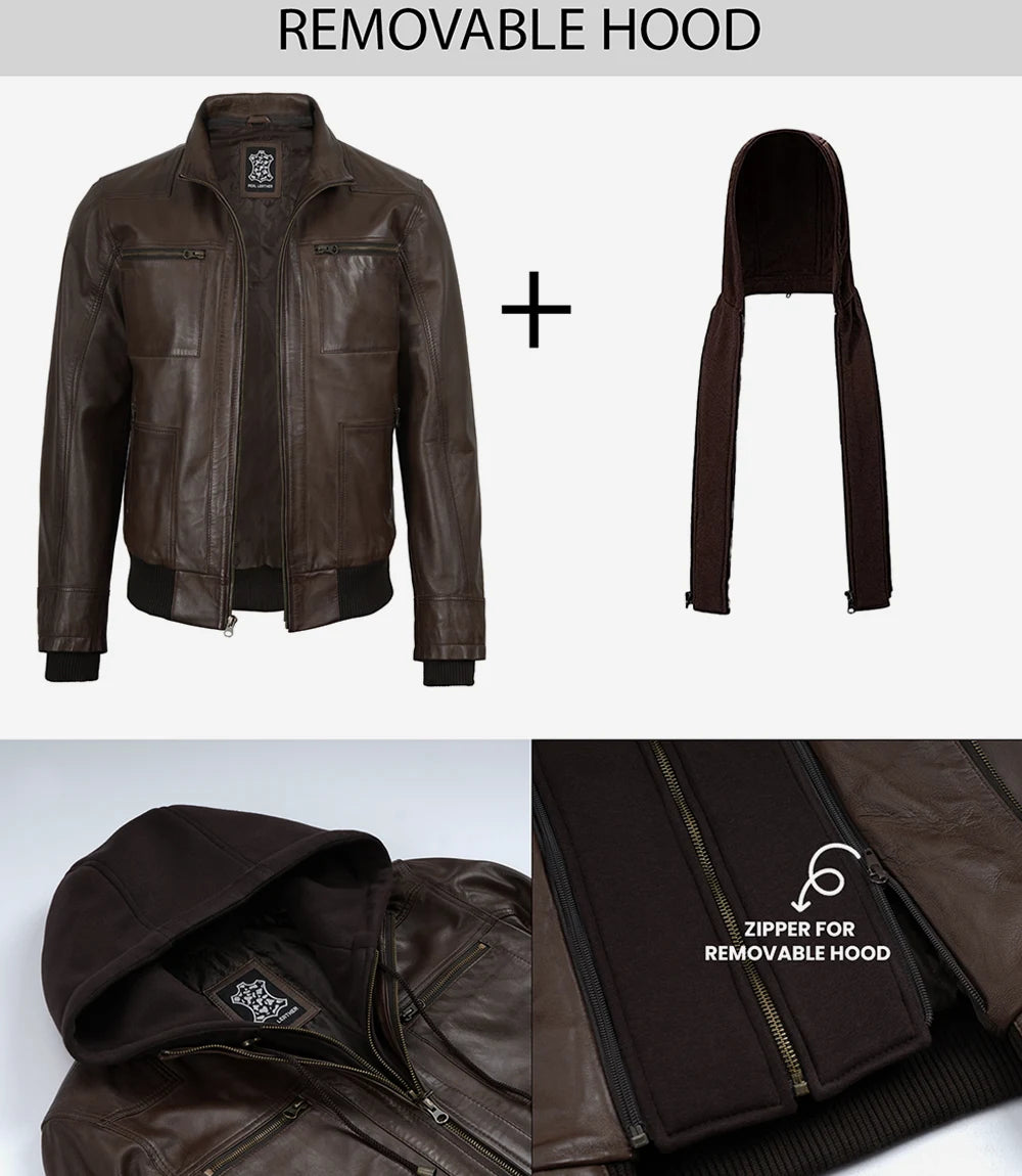 Men's Dark Brown Bomber Real Leather Jacket With Removable Hood