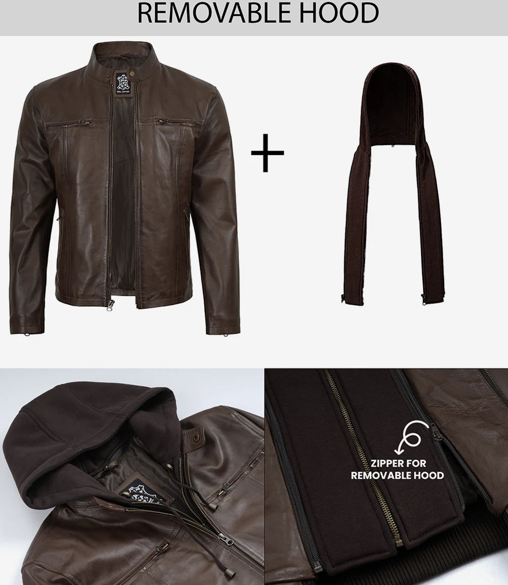 Men's Dark Brown Lambskin Leather Jacket with Removable Hood